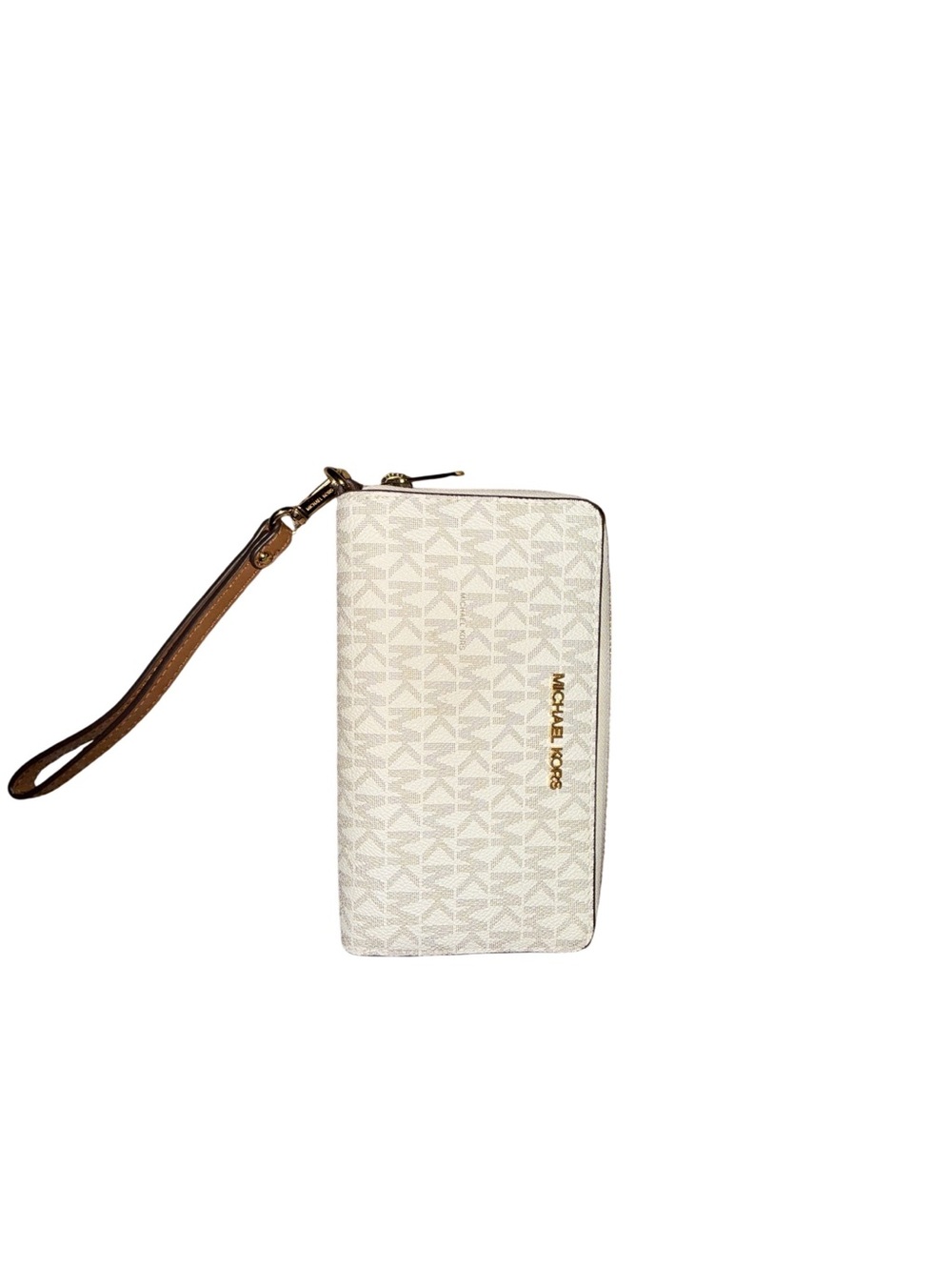 LIKE NEW Michael Kors Cream Monogram Wristlet with Brown Strap
